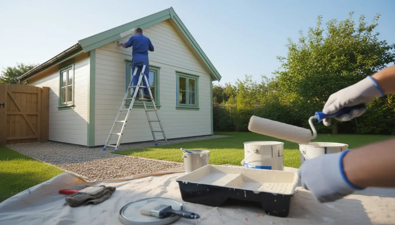 Lille træhus under maling med stige, malerredskaber og våd maling på træværket.