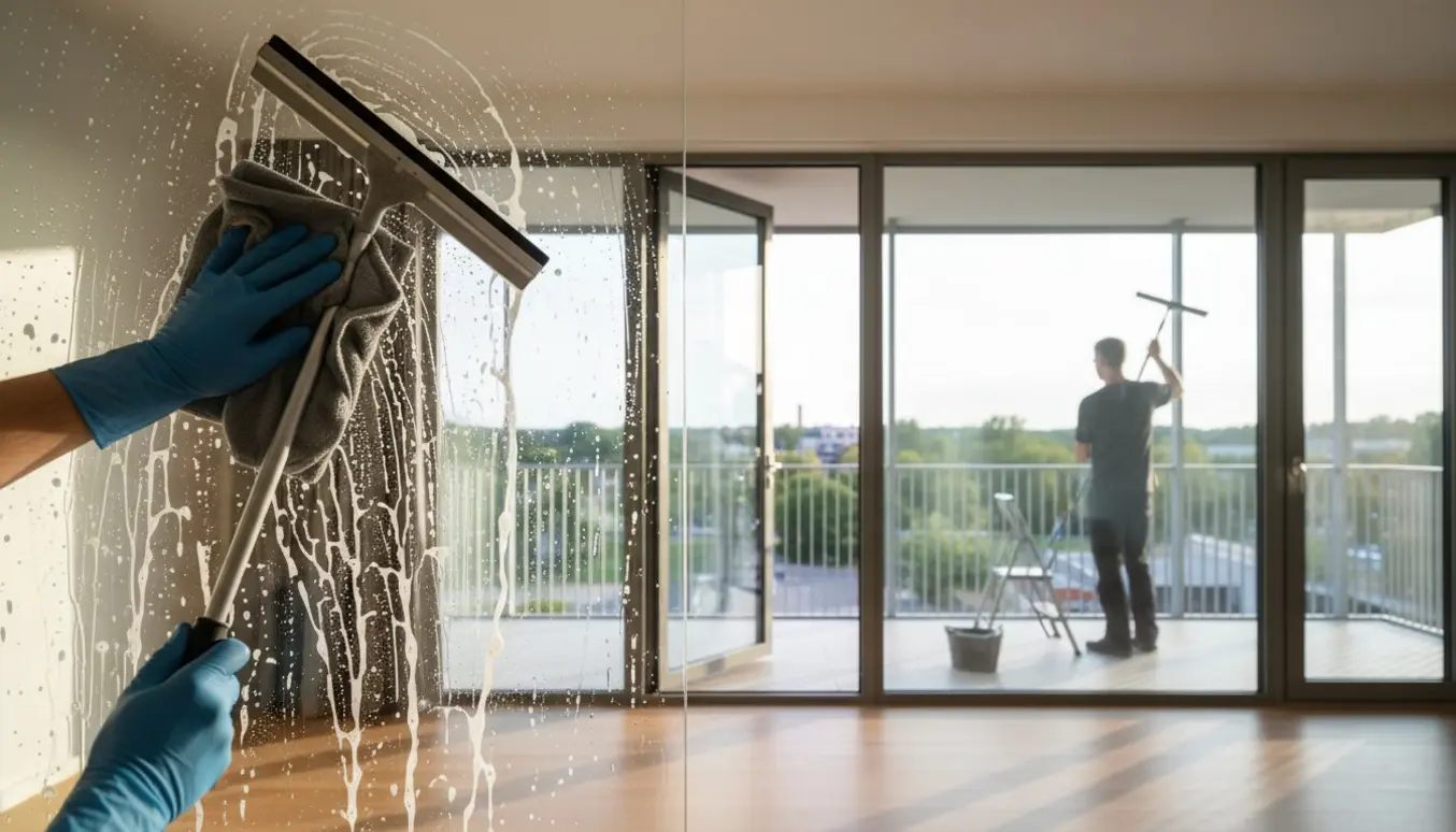 Hænder pudser et stort gulv-til-loft-vindue mod en lys altan, glas bliver skinnende rent.