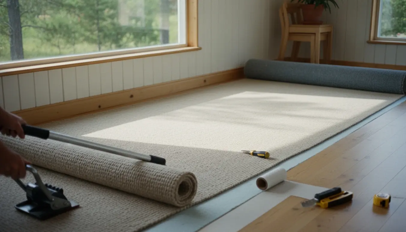 Installering af lysebeige væg-til-væg tæppe i sommerhusstue med ruller af tæppe og værktøj.