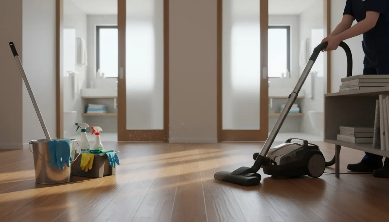 Rengøringsperson i en lys, moderne lejlighed støvsuger og vasker gulvet med rengøringsudstyr i forgrunden.