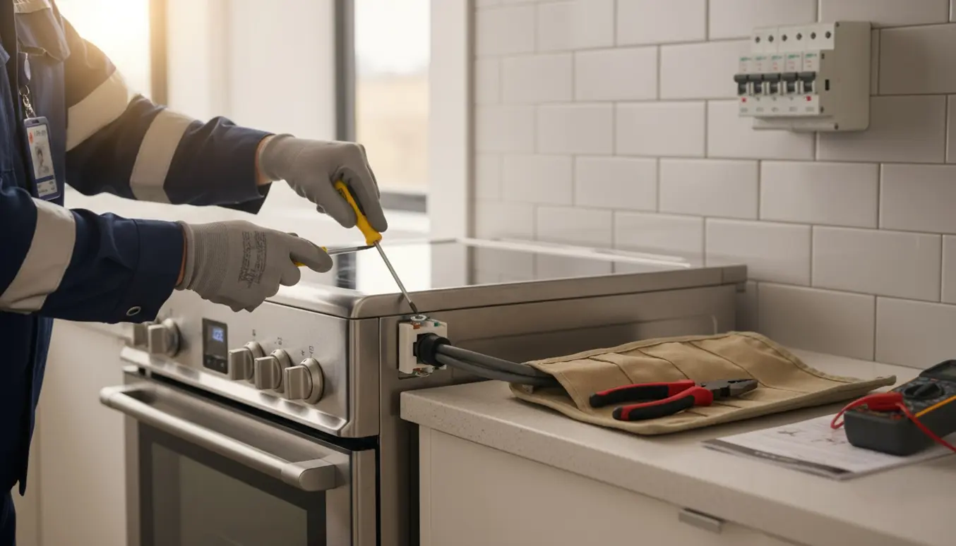 Autoriseret elektriker forbinder et el-komfur i et moderne køkken, kun hænderne synlige.