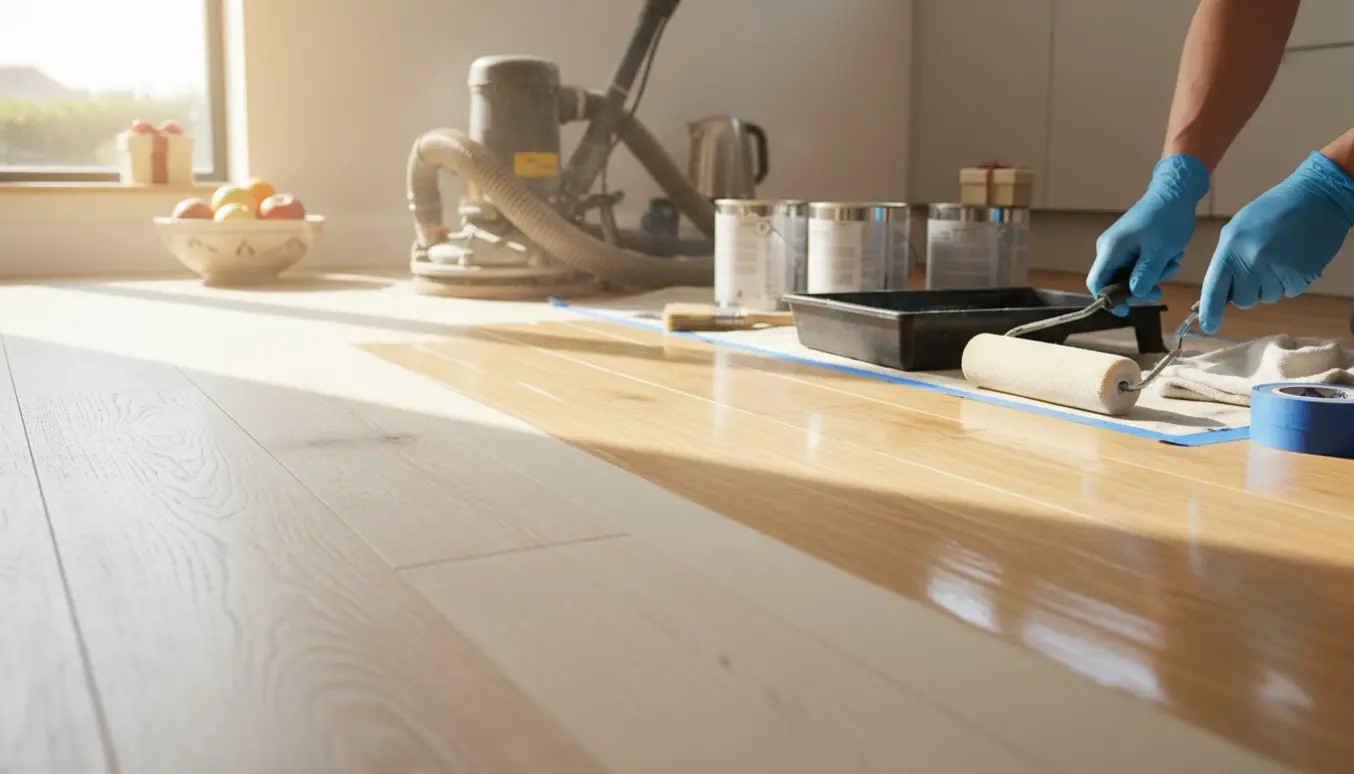 Nærbillede af gulvslibning og lakering i et køkken med nyslebne egetræsgulvplanker og værktøj.