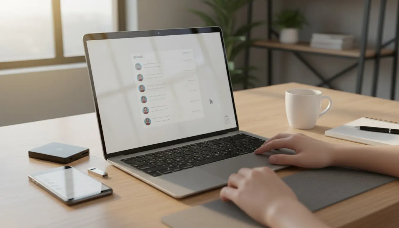 Hænder ved en bærbar, der viser e-mailkontoindstillinger, mens en gæstebruger fjernes.
