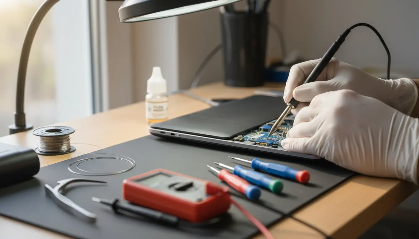 Nærbillede af en åben bærbar med lodning ved opladningsstikket, teknikers hænder med loddekolbe og værktøj på et ryddeligt arbejdsbord.