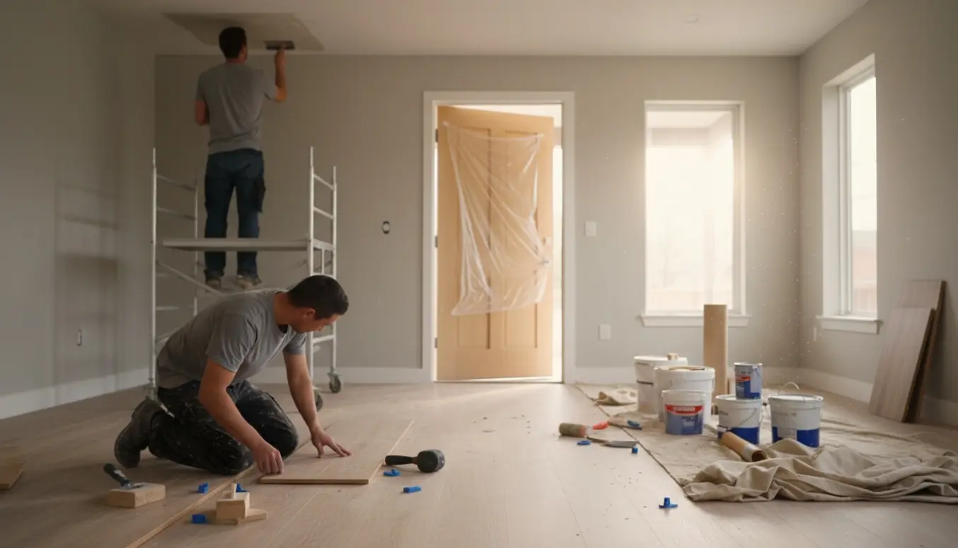 Håndværkere lægger laminatgulv, spartler et vandskadet loft og forbereder en ny hoveddør i et lyst rum.