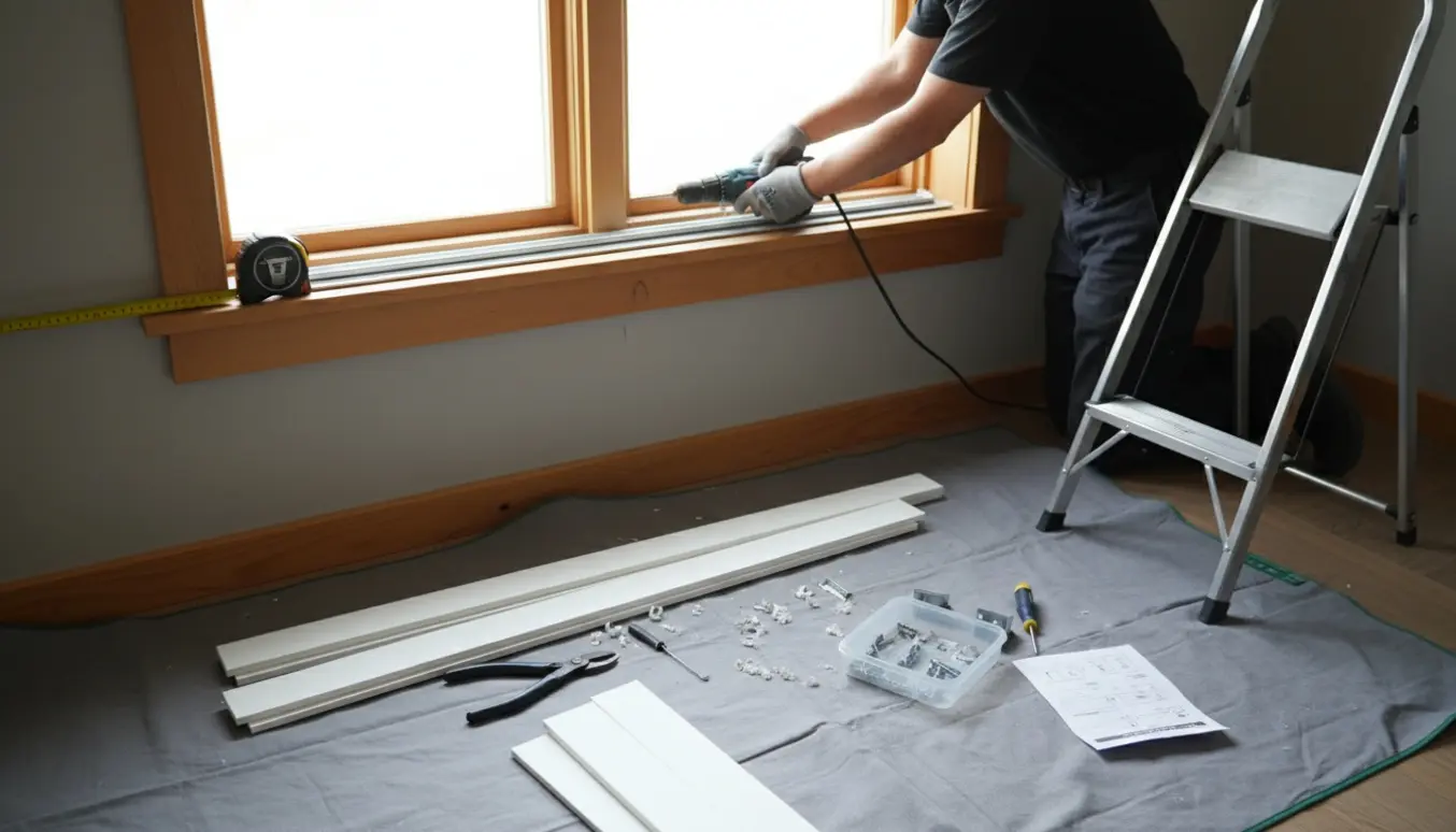 Opsætning af lammelgardin ved vindue, hvor hænder måler og afkorter lameller med værktøj.