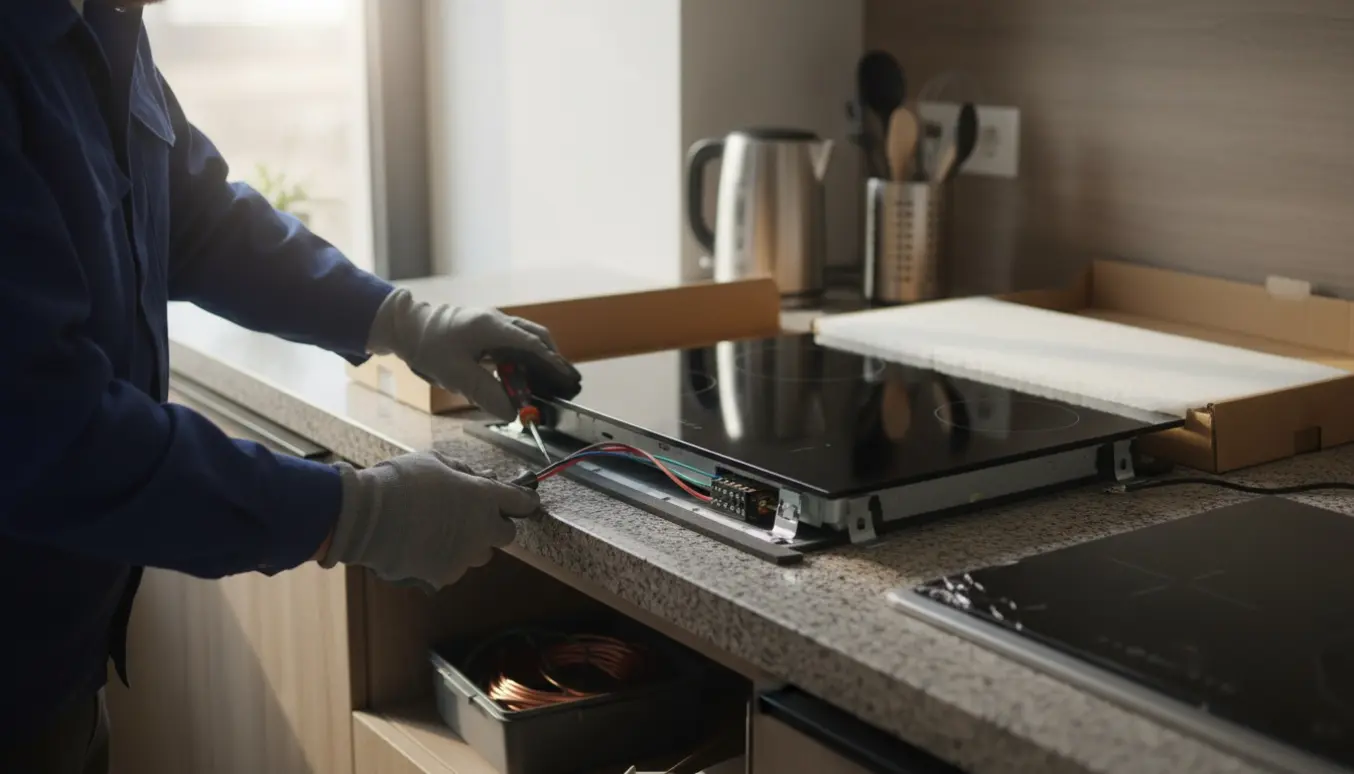 Autoriseret installatør tilslutter en ny induktionskogeplade i et lyst køkken, med værktøj og kabler synlige.