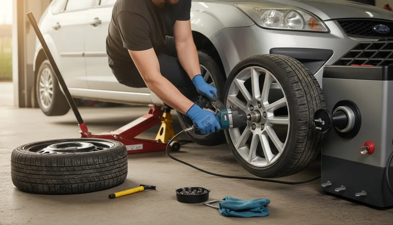 Mekaniker skifter og afbalancerer hjul på en 2008 hatchback i en lys garage, fokus på dæk og værktøj.