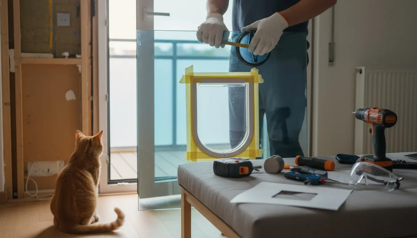 Glarmester forbereder montering af en specialtermorude med indbygget kattelem i bunden af en altandør.