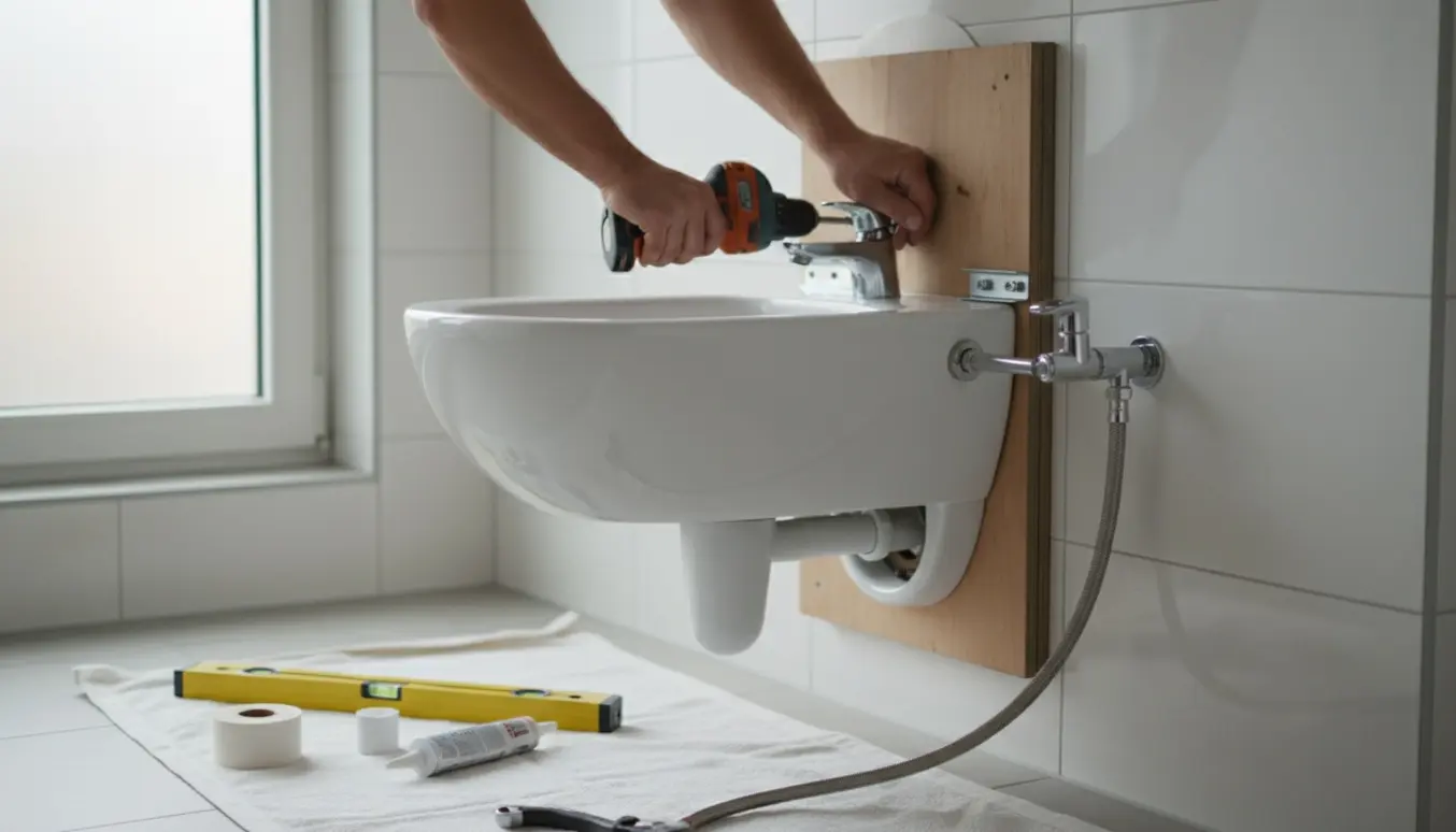 Væghængt bidet under montering med værktøj og varm vandtilslutning i et lyst badeværelse.