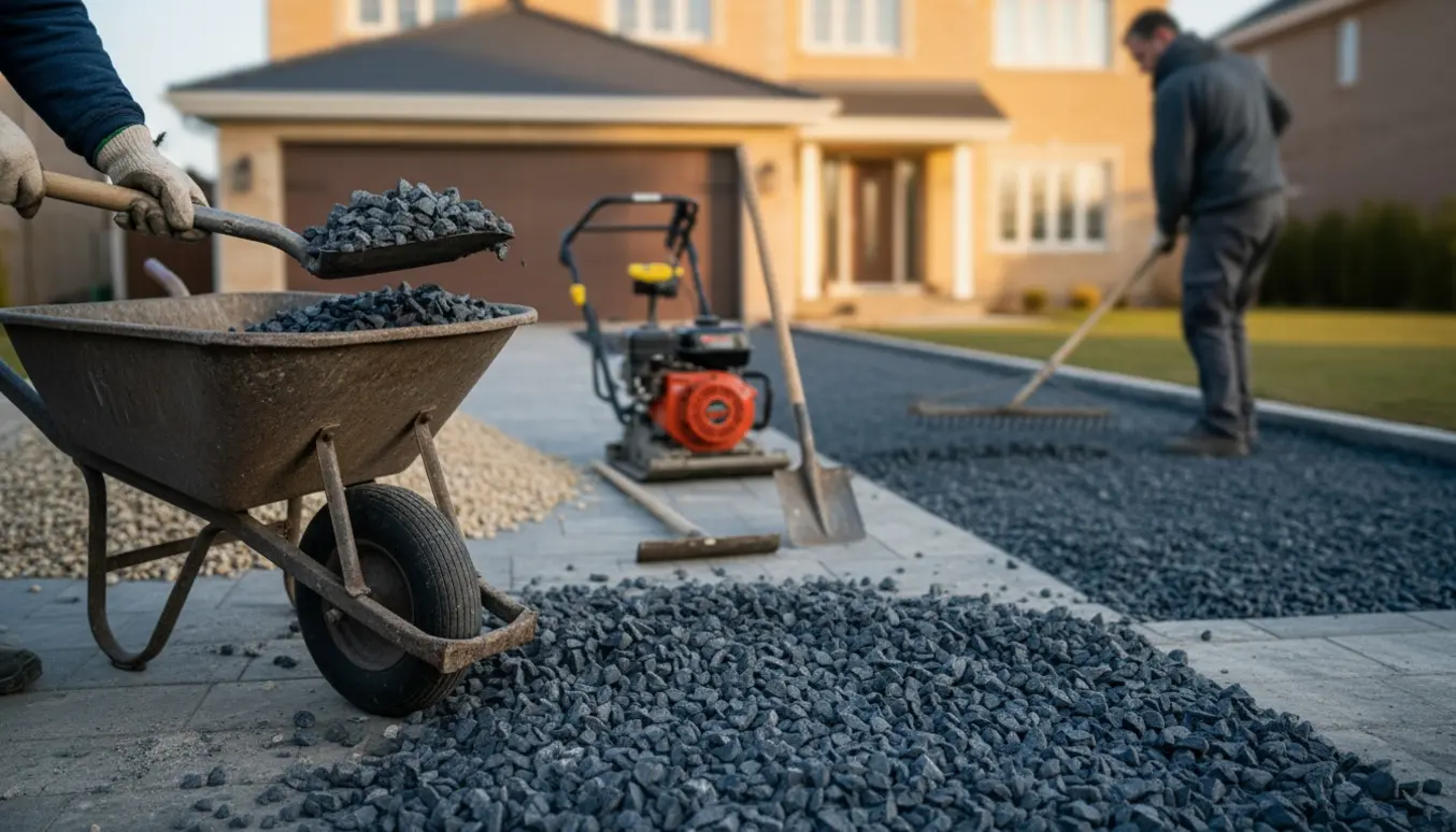 Mørke granitskærver bliver skovlet og glattet ud i en indkørsel under renovering.