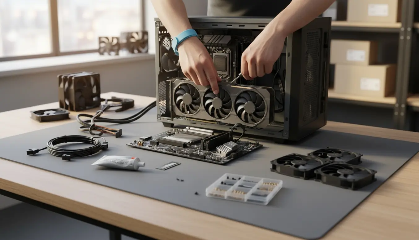 En person samler en pc fra bunden ved et skrivebord med åben kabinet, bundkort og værktøj.