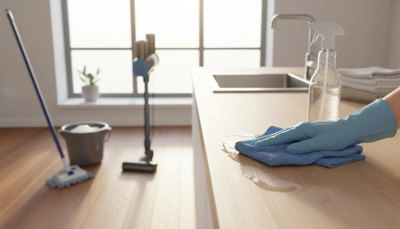 Hænder i gummihandsker tørrer en køkkenbordplade i en lys, nyvasket lejlighed med støvsuger og moppe i baggrunden.