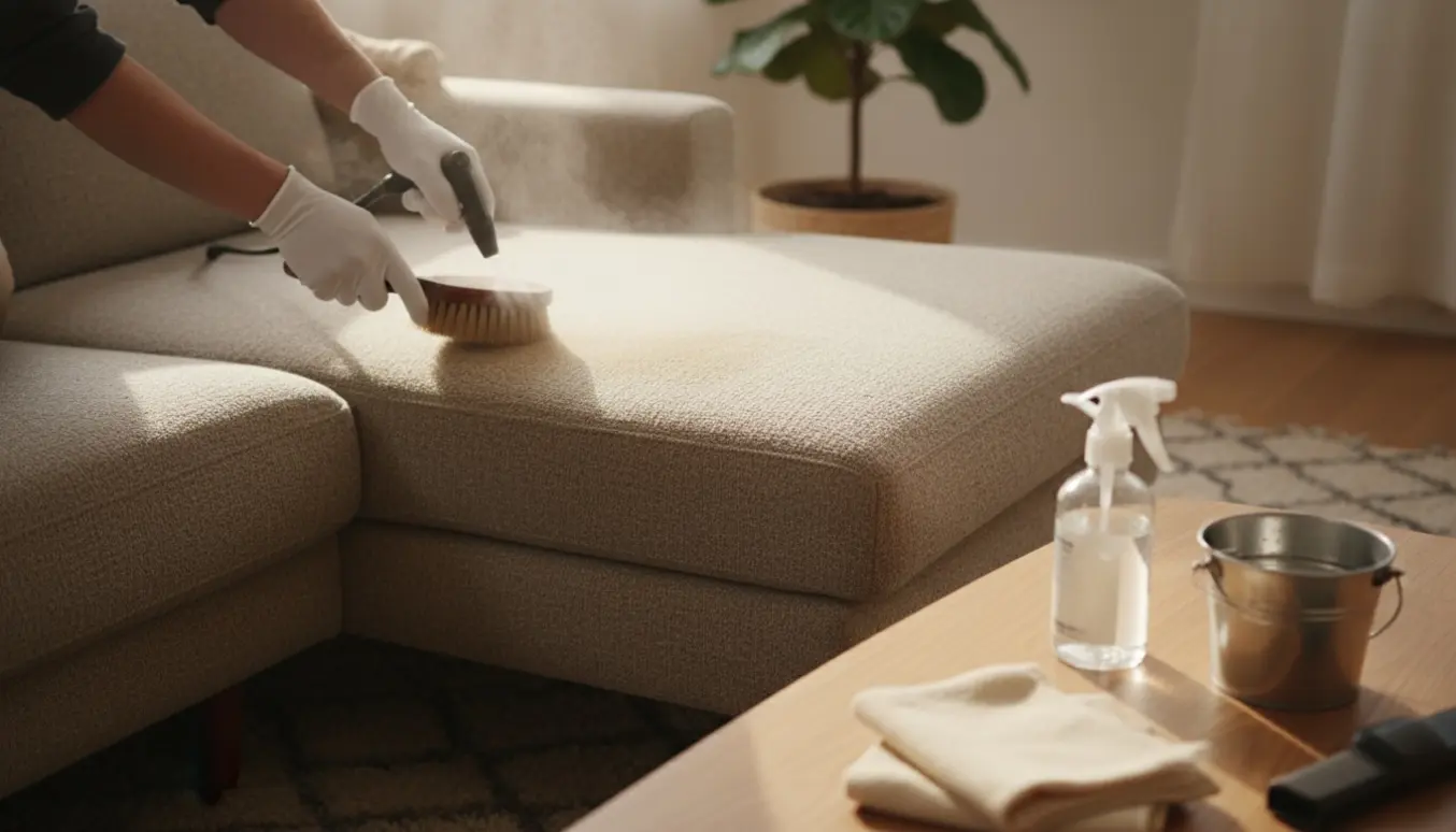 Nærbillede af en uldsofa der bliver renset med børste, dampmundstykke og mikrofiberklud i et lyst opholdsrum.