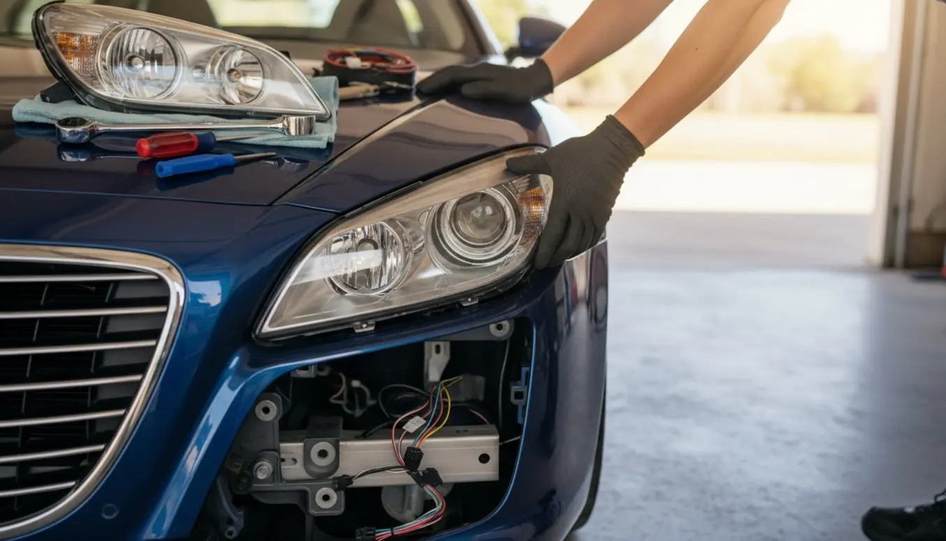 Hænder monterer to udskiftningsforlygter på bilens forende i en åben garage.