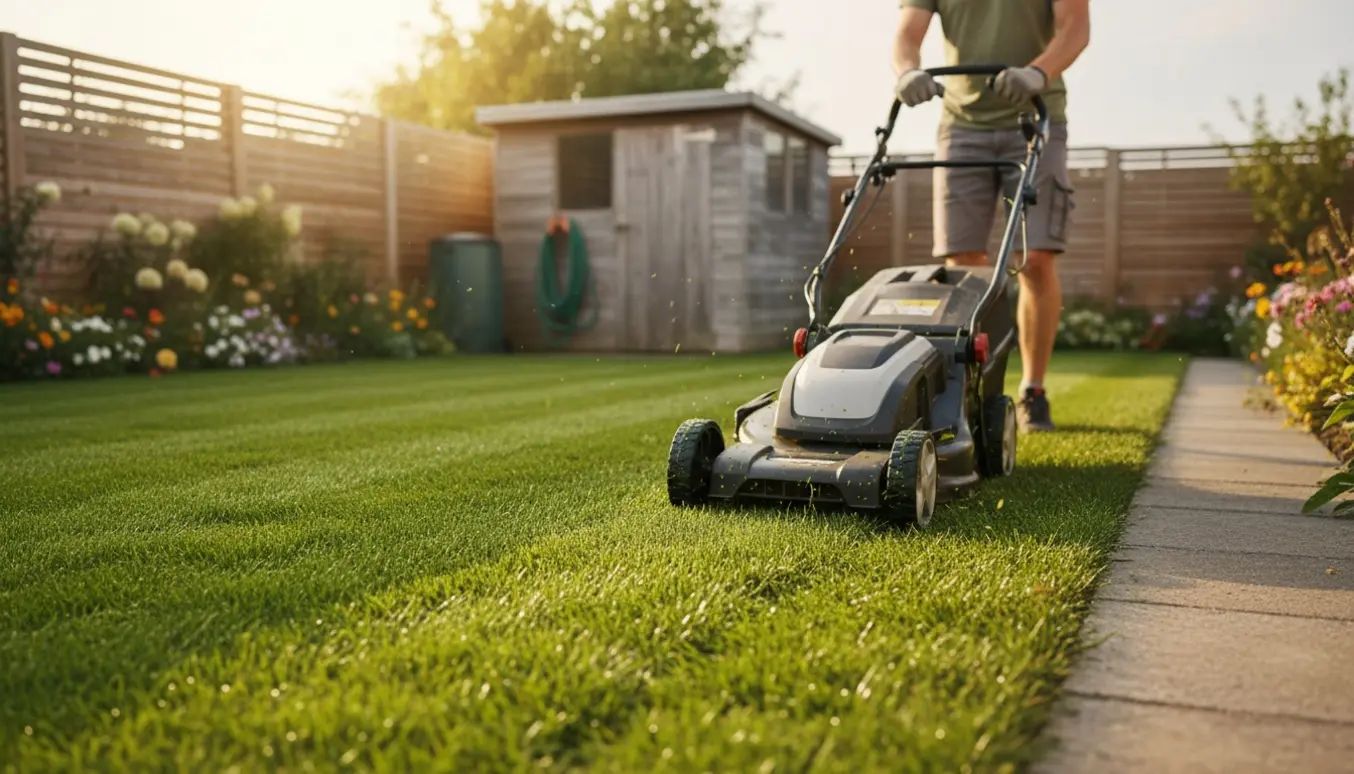 Solrig baghave med en plæneklipper, der laver stribemønster på en nyslået græsplæne på cirka 250 m².
