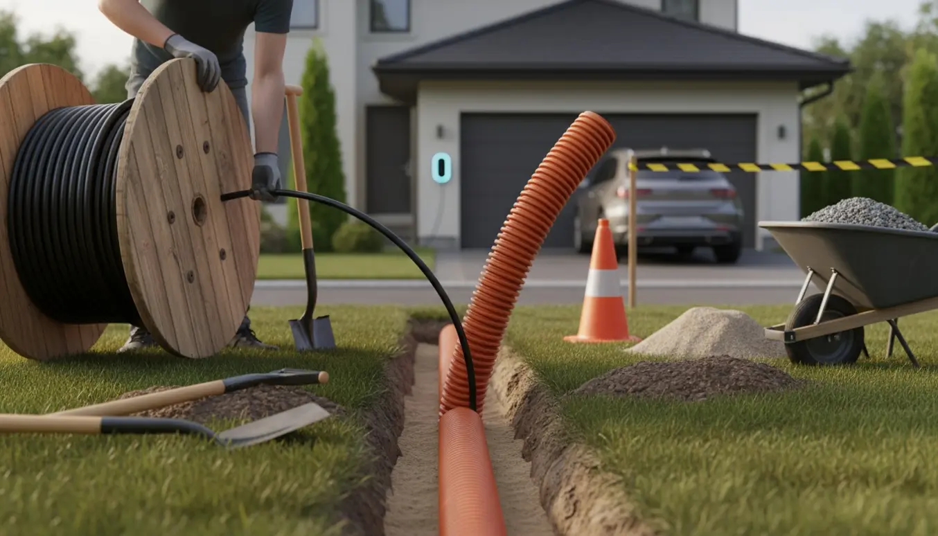 Gravearbejde langs indkørsel med kabelrulle og beskyttelsesrør, hvor et elkabel lægges ned mod garagen og elbilen.