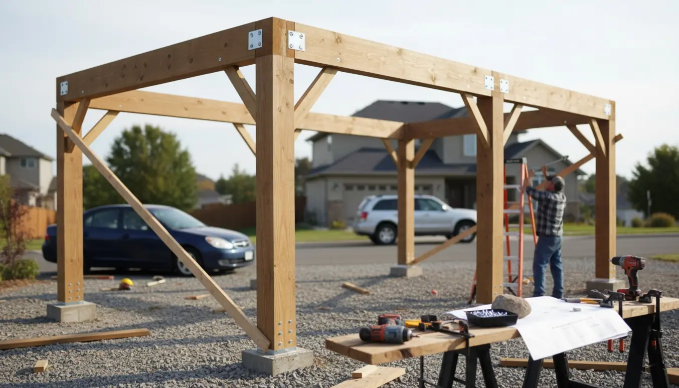 Skelet af en carport til to biler under opbygning i en indkørsel med værktøj og materialer.