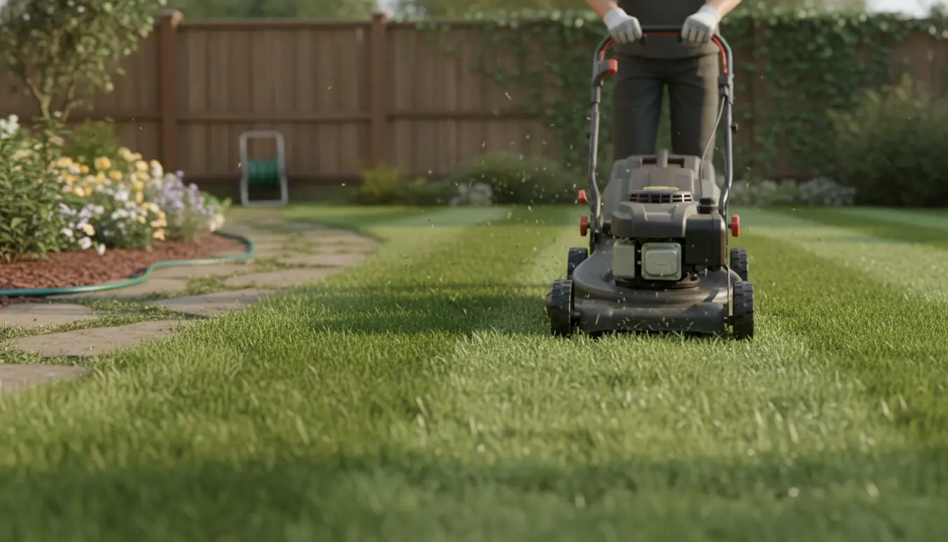 Plæneklipper i arbejde på en veltrimmet forhave med tydelige striber, personens ansigt er ikke synligt.