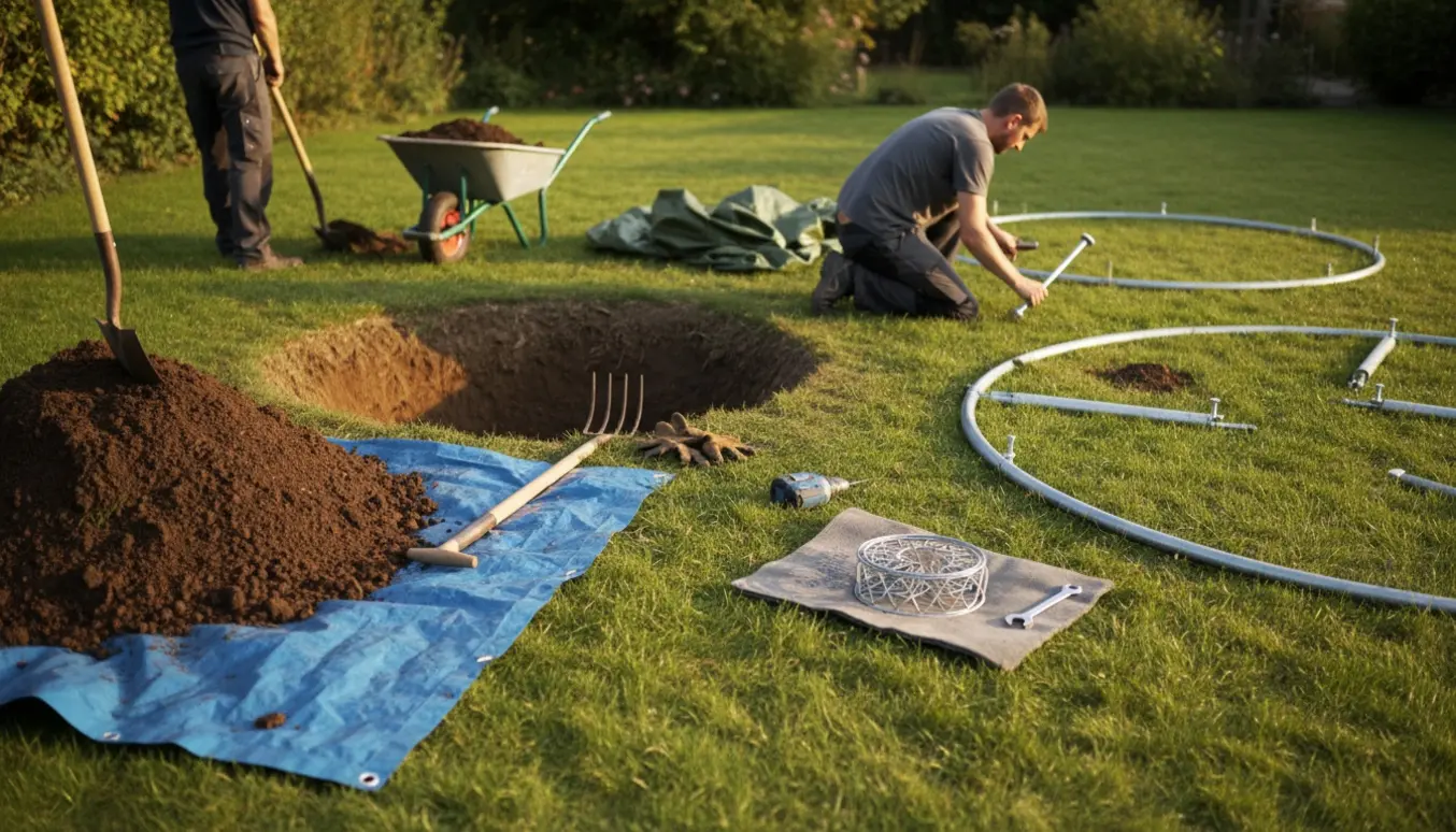Gravet hul til trampolin med jordbunke, trillebør og delvist samlet trampolinkonstruktion i en solbelyst have.