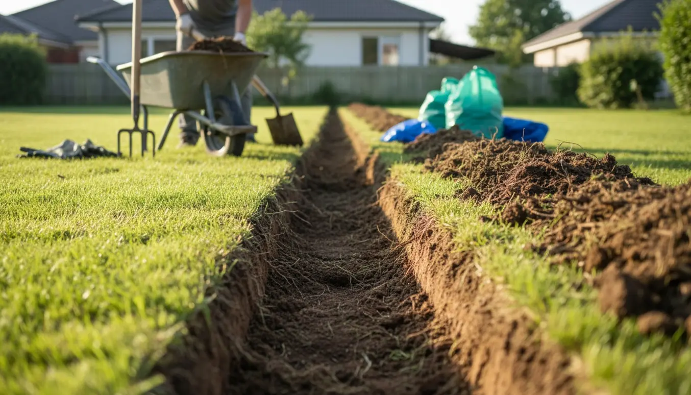 Lang, nygravet 15 meter jordrende i en baghave med skovle, trillebør og bunker af opgravet havejord.