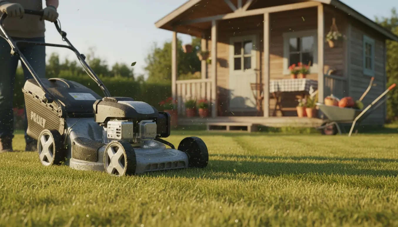 Plæneklipper slår græs foran et hyggeligt sommerhus, med friske græsafklip og stribede pletter i græsset.