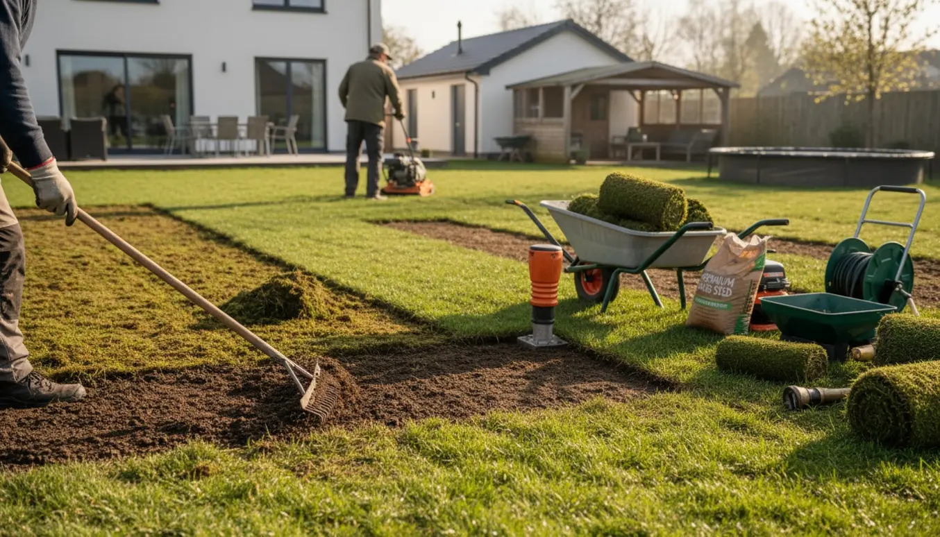 Udjævning og renovering af græsplæne med topdressing, rulle, værktøj og udendørsbygninger i baggrunden.