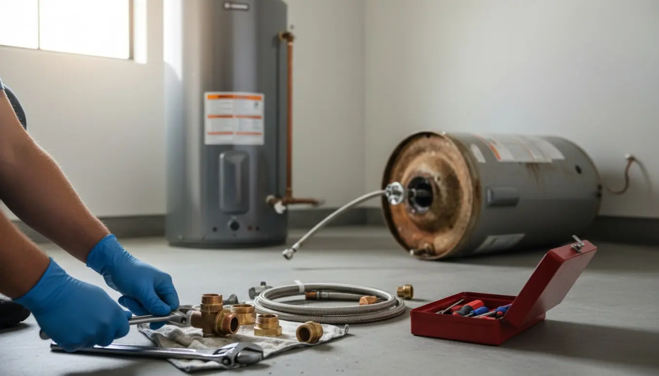 Tekniker udskifter en defekt vandvarmer i et bryggers, nyt vandvarmer klar til tilslutning.