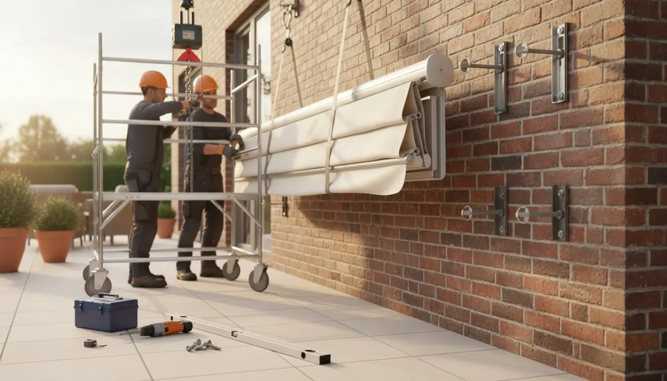 Montører løfter og monterer en stor markise på en murvæg med værktøj og stillads.