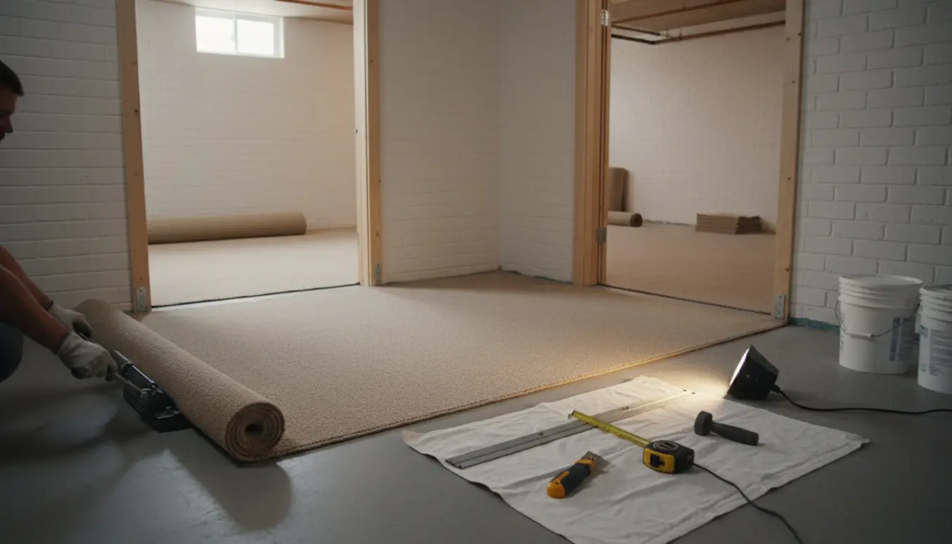 En montør lægger slidstærkt tæppe i tre sammenhængende kælderrum med værktøj og ruller synlige.