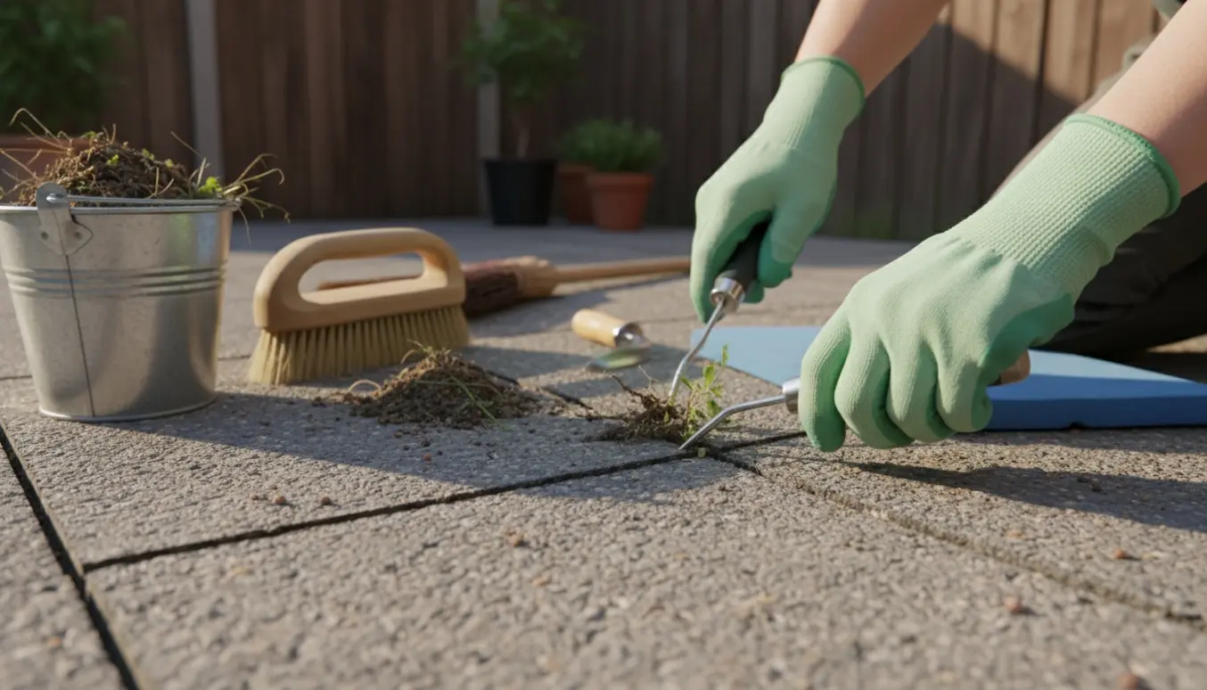 Nærbillede af hænder i handsker, der fjerner ukrudt mellem fliser med håndredskaber og en spand til det fjernede ukrudt.