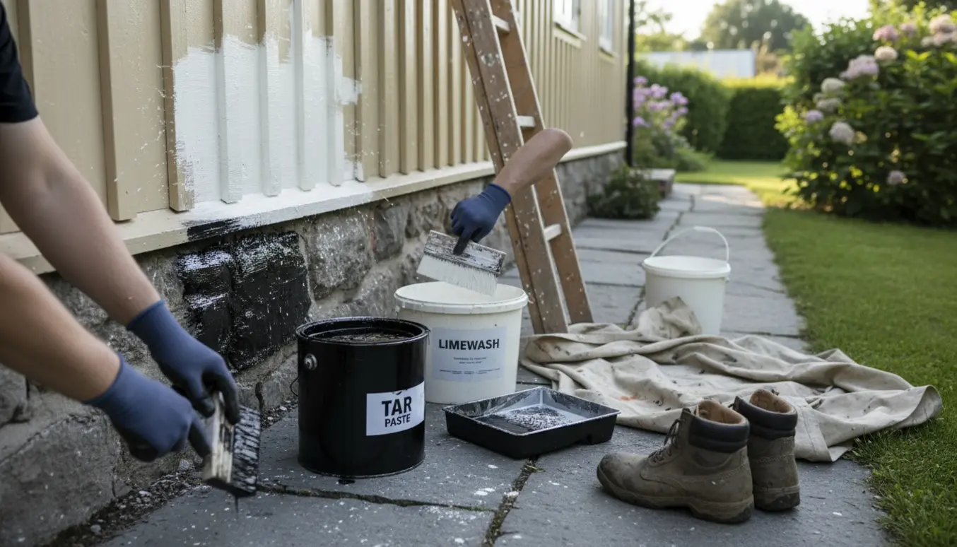 Nærbillede af kalkning af husfacade og maling af sokkel med tjære.