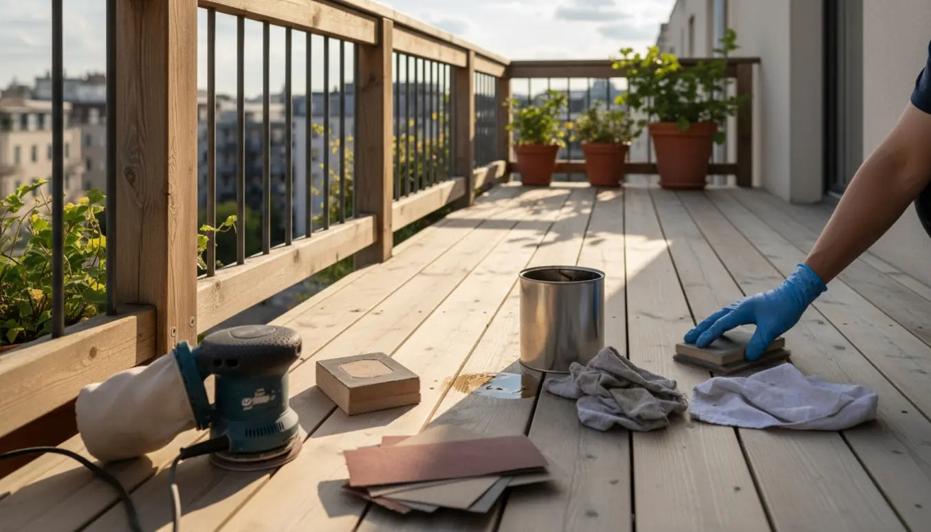 Små altan med delvist slebet trægulv, slibeværktøj og åben oliekrukke klar til oliering.