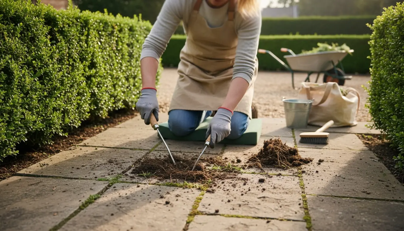 Nærbillede af handske-klædte hænder, der fjerner ukrudt mellem fliser ved en hæk med trillebør og pose til haveaffald i baggrunden.