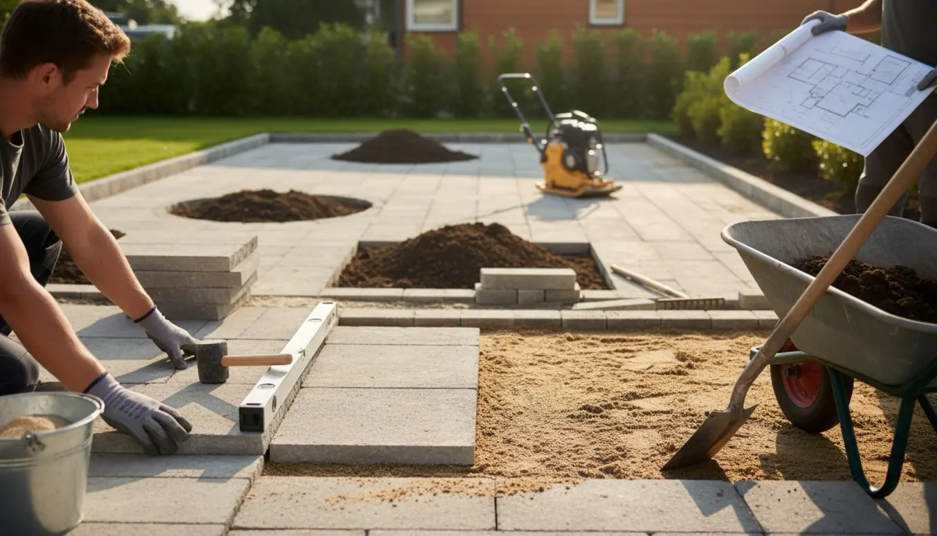 Nærbillede af fliselægning på terrasse med værktøj, opgravede bede og plan i baggrunden.