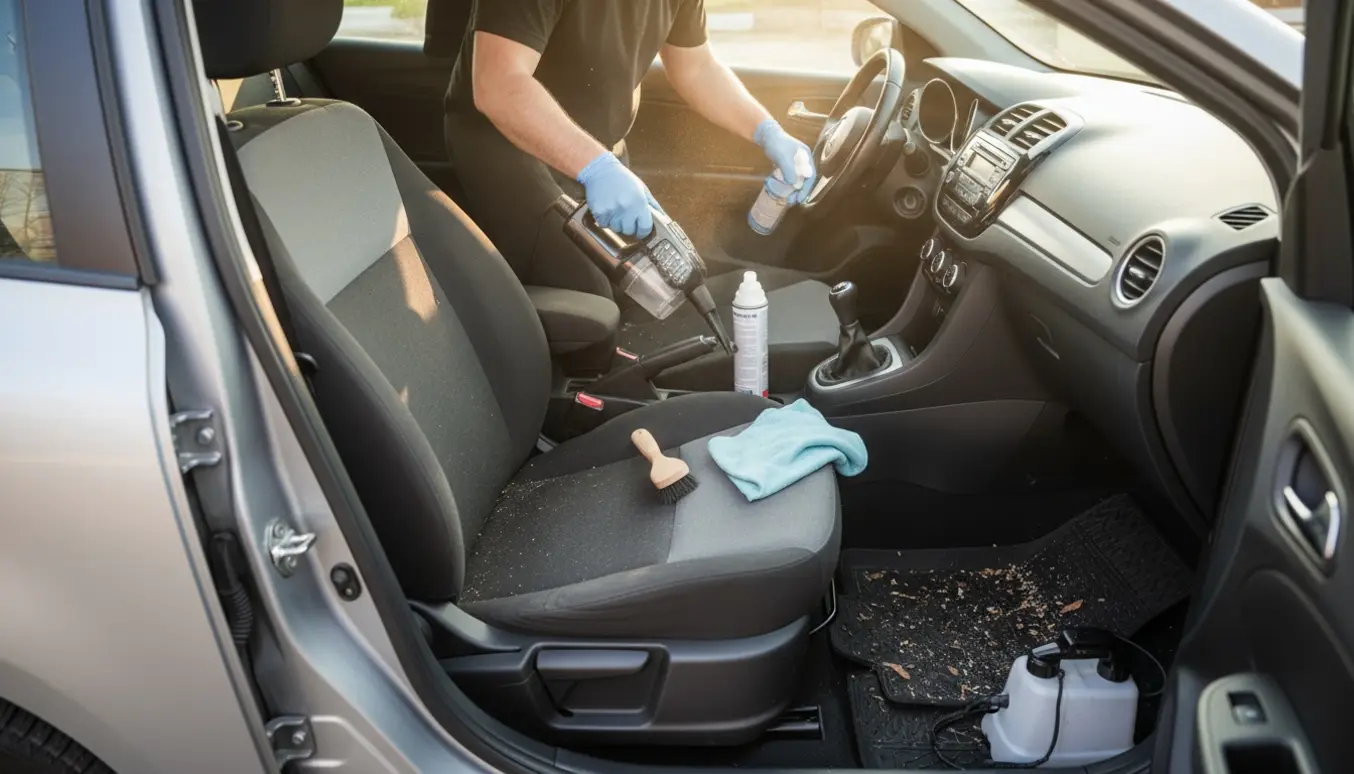 Indvendig rengøring af en femdørs kompakt bil med stofsæder, handske-klædt hånd støvsuger sædet.