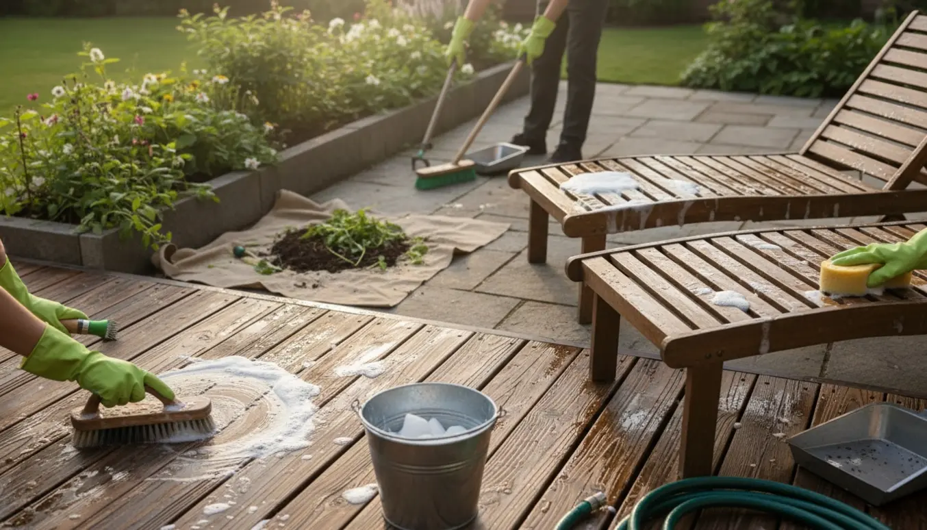 Våd træterrasse skrubbet med sæbespåner og handsker, mens ukrudt fjernes mellem fliser og i et langt blomsterbed.
