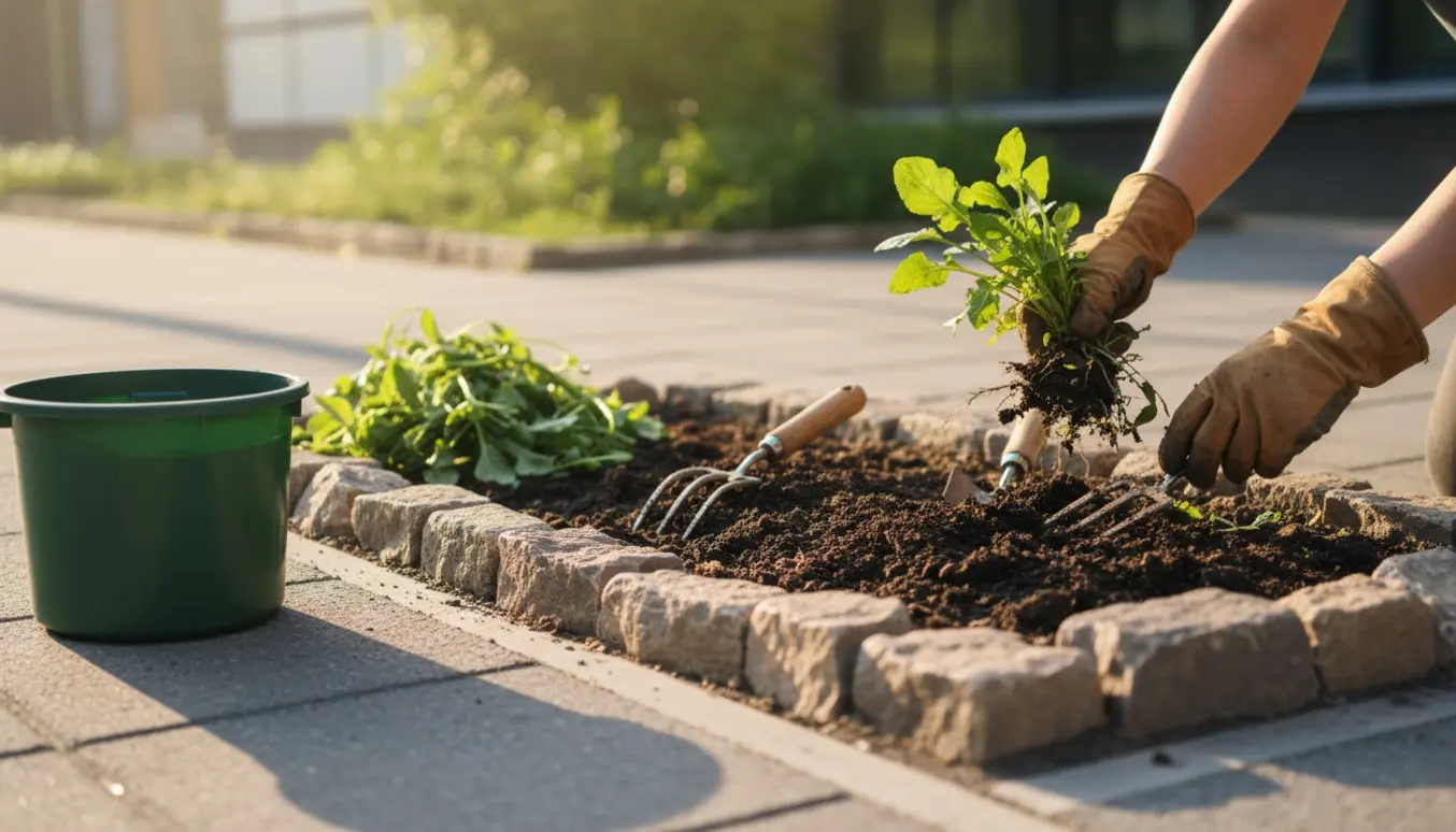 Hænder i havehandsker luger et bed langs fortovets stenkant med en beholder til haveaffald ved siden af.