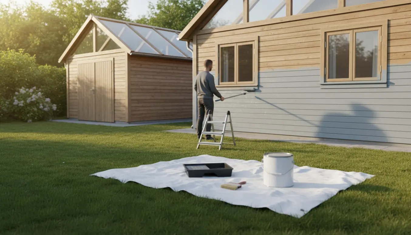 Sommerhus og garage udvendigt under maling med rulle og åben malerbøtte, mens glasgavle og lister holdes ubehandlede.