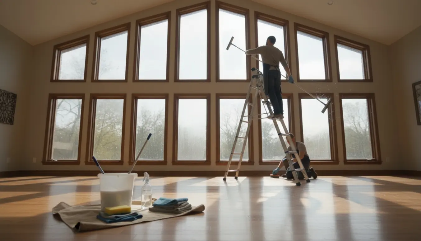 Indvendig vinduespudsning i et stort hus med høj stige, spand og mikrofiberklude.