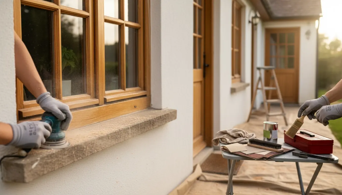 Nærbillede af hænder, der sliber og olierer udvendige trævinduer og en dør med værktøj ved siden af.