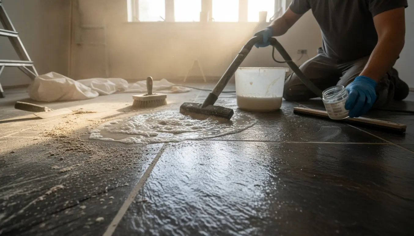 Nærbillede af naturskifferfliser der renses grundigt med vådsuger, børste og primerprøve i et renoveret rum.