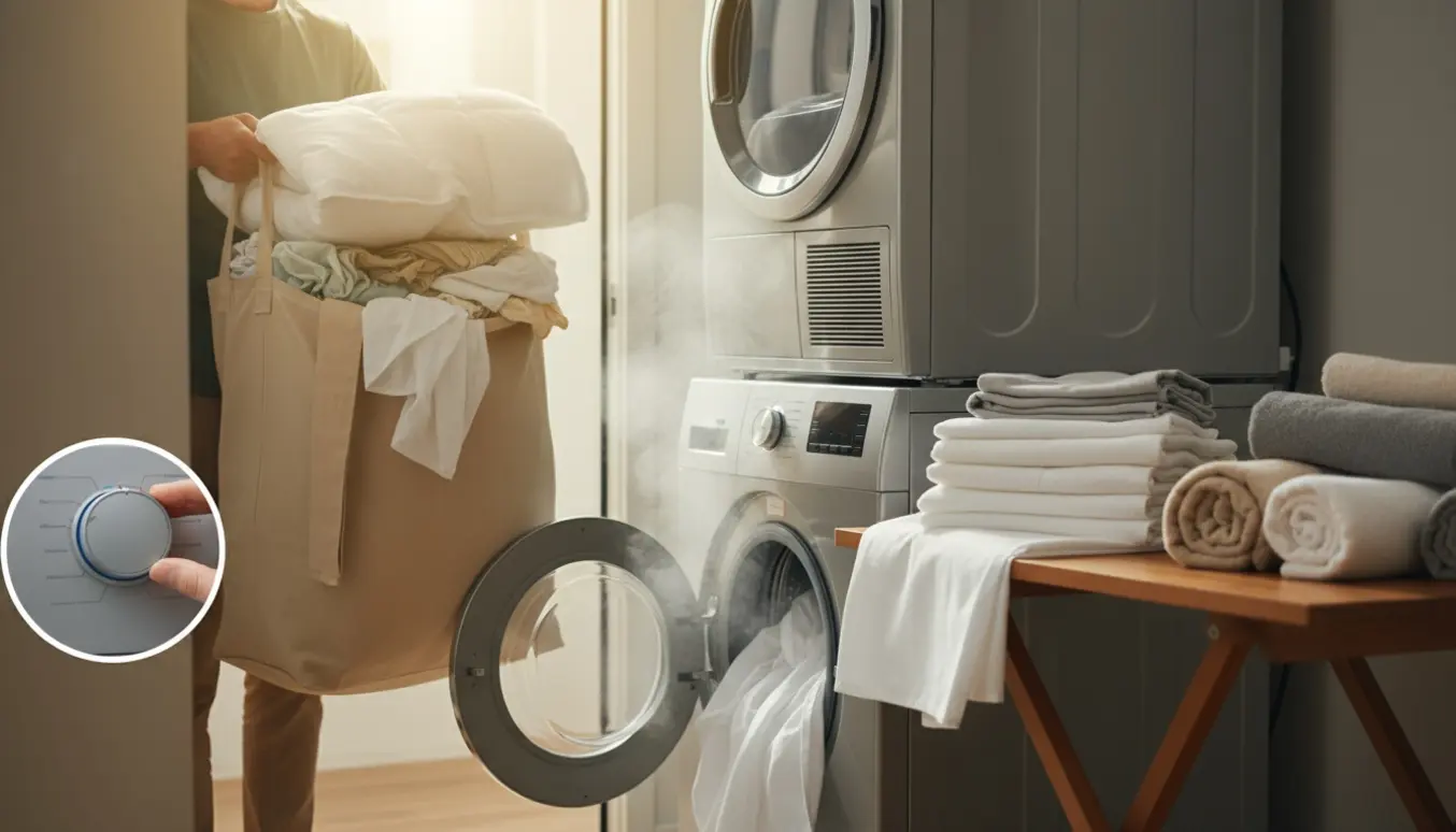 Stor vasketøjspose afhentes ved hoveddør, friskvasket sengetøj ligger foldet ved vaskemaskine og tørretumbler.