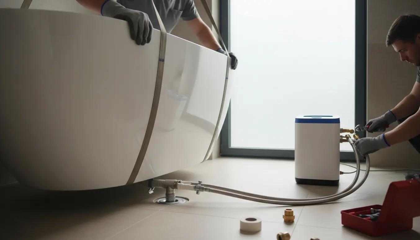 To håndværkere monterer et fritstående badekar og tilslutter et blødgøringsanlæg i et moderne badeværelse.