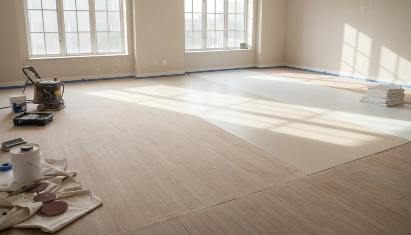 Delvist slebet, grunderet og nymalet trægulv i en lys, tom lejlighed med malerværktøj og afdækningsplast.