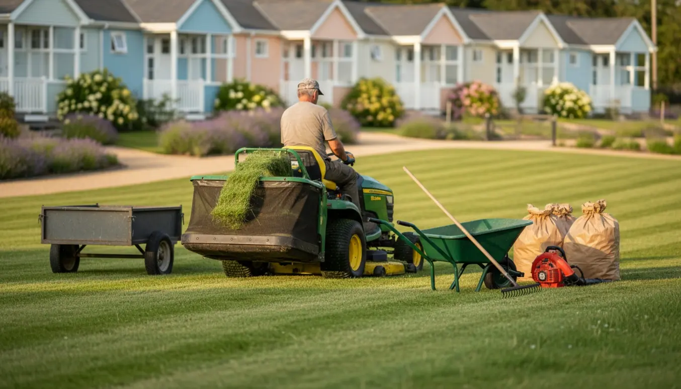 Havemand kører havetraktor og opsamler græsklip foran rækkehuse på en solrig sensommerdag.