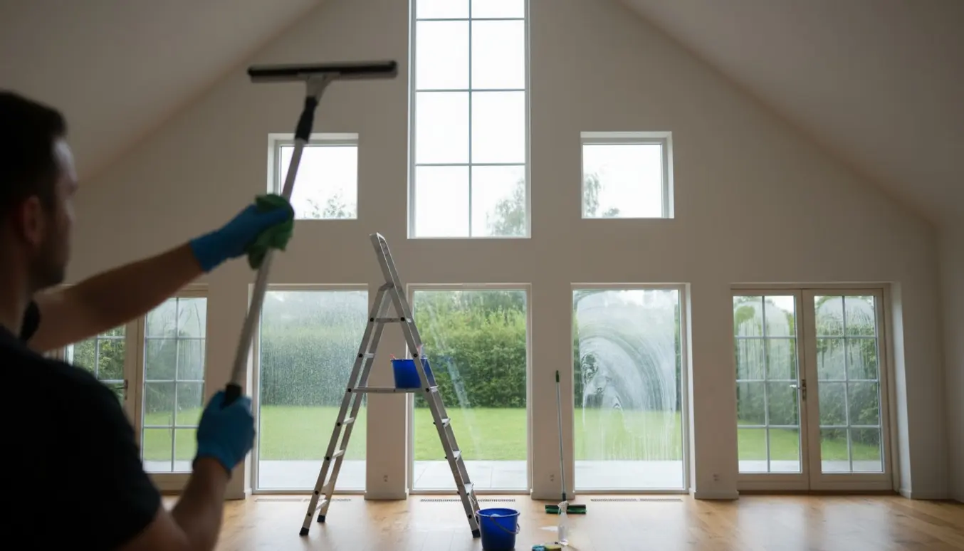 Tom nordisk stue med store vinduer, stige og rengøringsudstyr, hvor en person pudser et højt gavlvindue set bagfra.