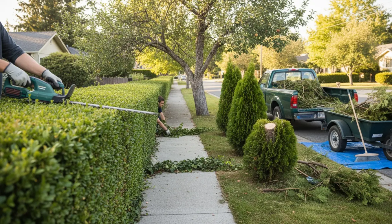 Hækklipning og oprydning af efeu og tujaer ved fortovet med beskårne grene samlet i en trailer klar til bortkørsel.