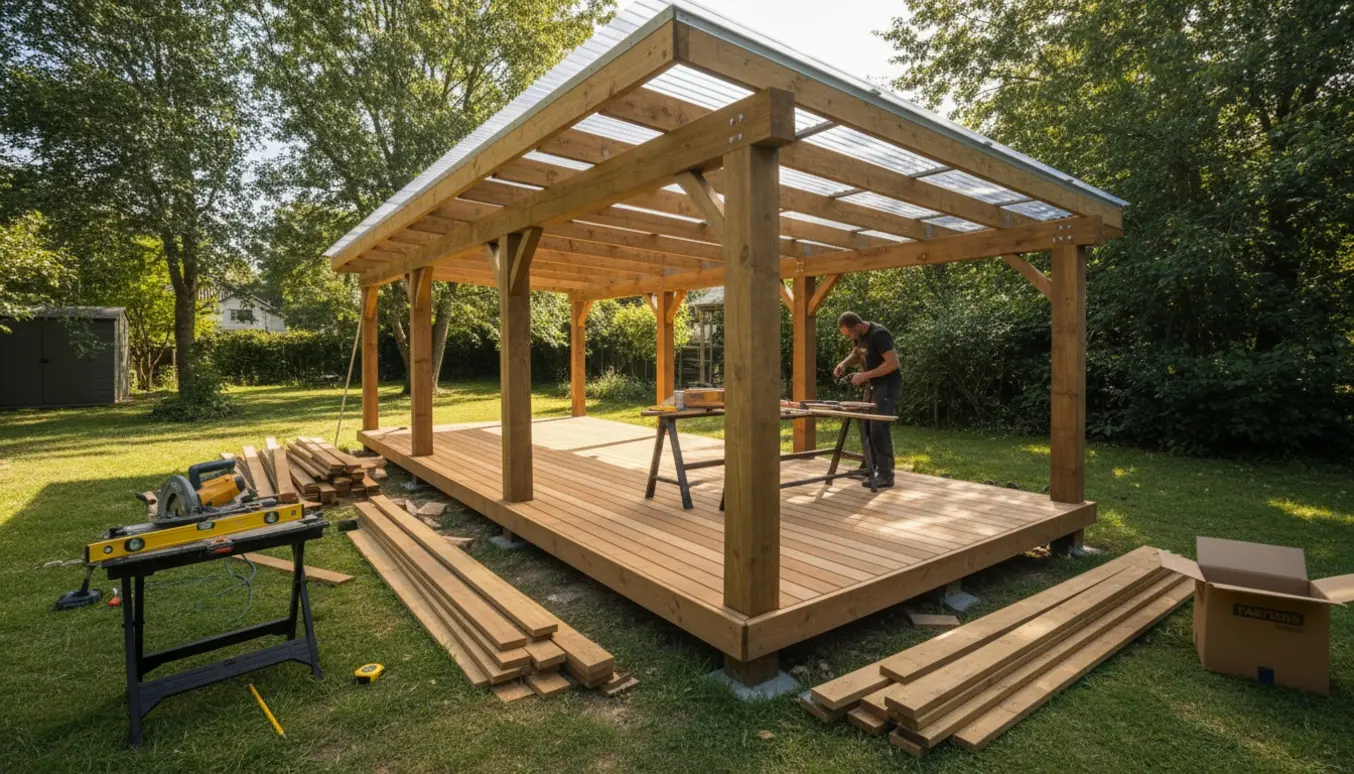 Fritstående overdækket terrasse under opbygning med færdigt bræddelag i den ene ende og værktøj omkring.