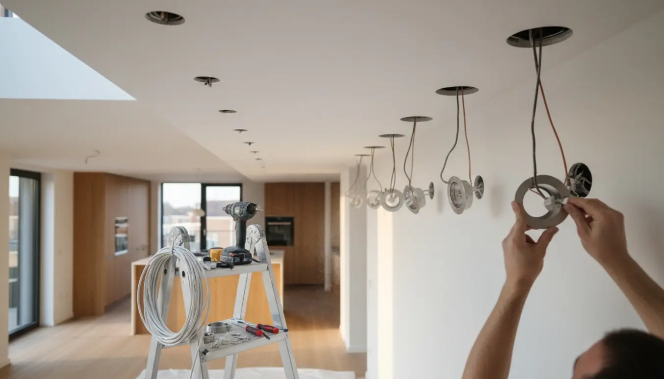 Montage af indbygningsspots i et gipsloft med åbne huller, nyt kabel og GU10-armaturer klar til montering.